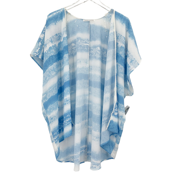 2/$30 FORTUNE Swimwear Cover Up One Size Blue White Pom Pom Kimono Open Front - Picture 5 of 7